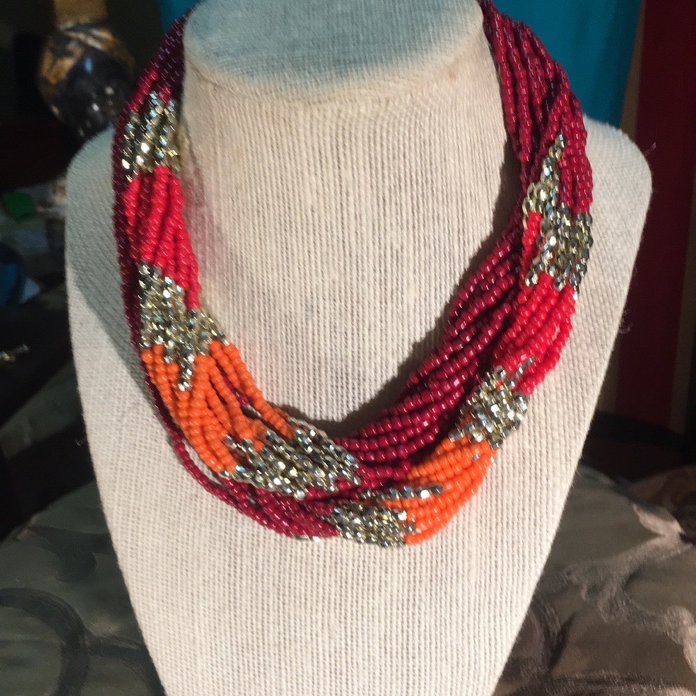Amazing versatile 12 strand, 34” fashion Scarlet, red, orange & gold necklace.